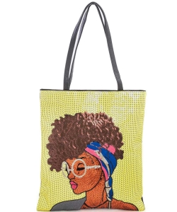 Glasses Girl Sequins Large Tote Bag 136-A039GT-L YELLOW